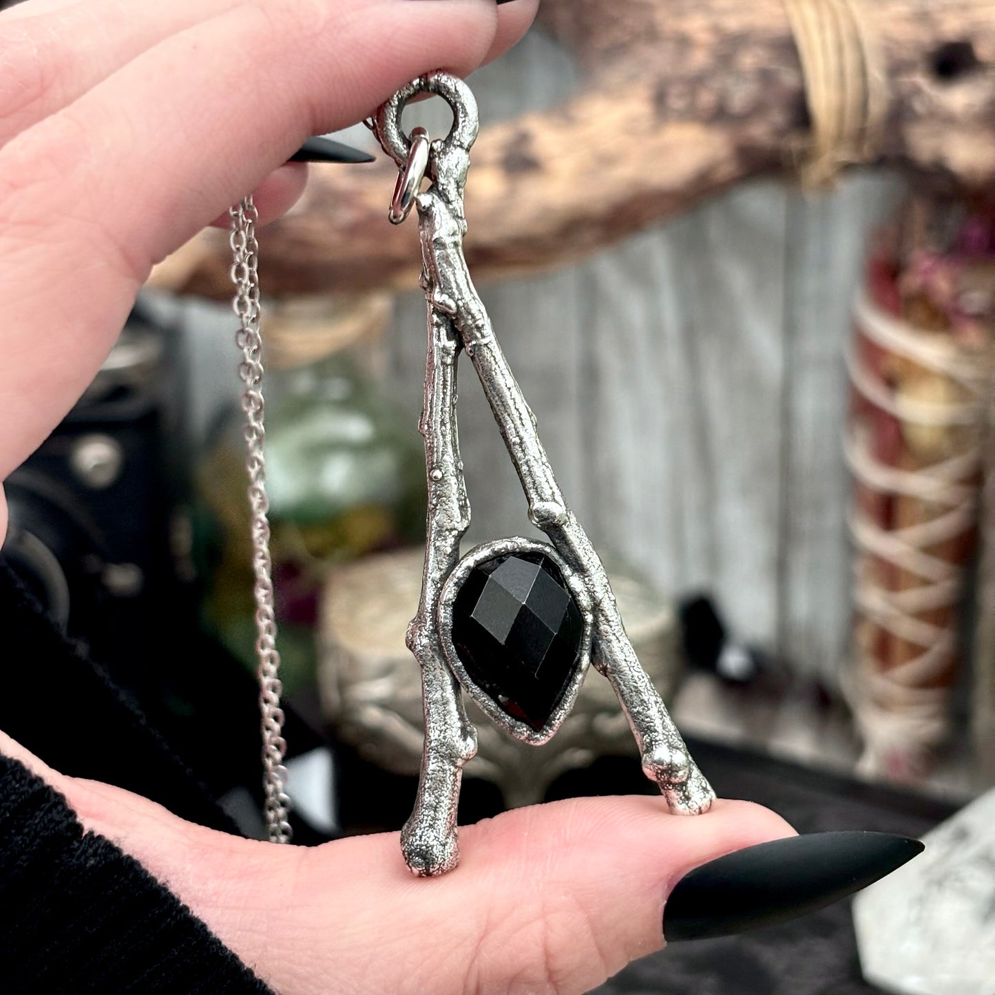 Black Onyx Crystal Necklace in Silver / Sticks & Stones Collection