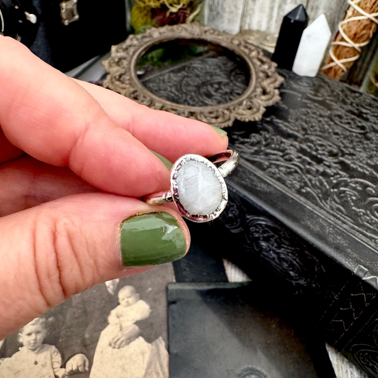 Rainbow Moonstone Ring Fine Silver Small faceted Stone Ring Size 6 7 8 9 10 11 / Foxlark Collection