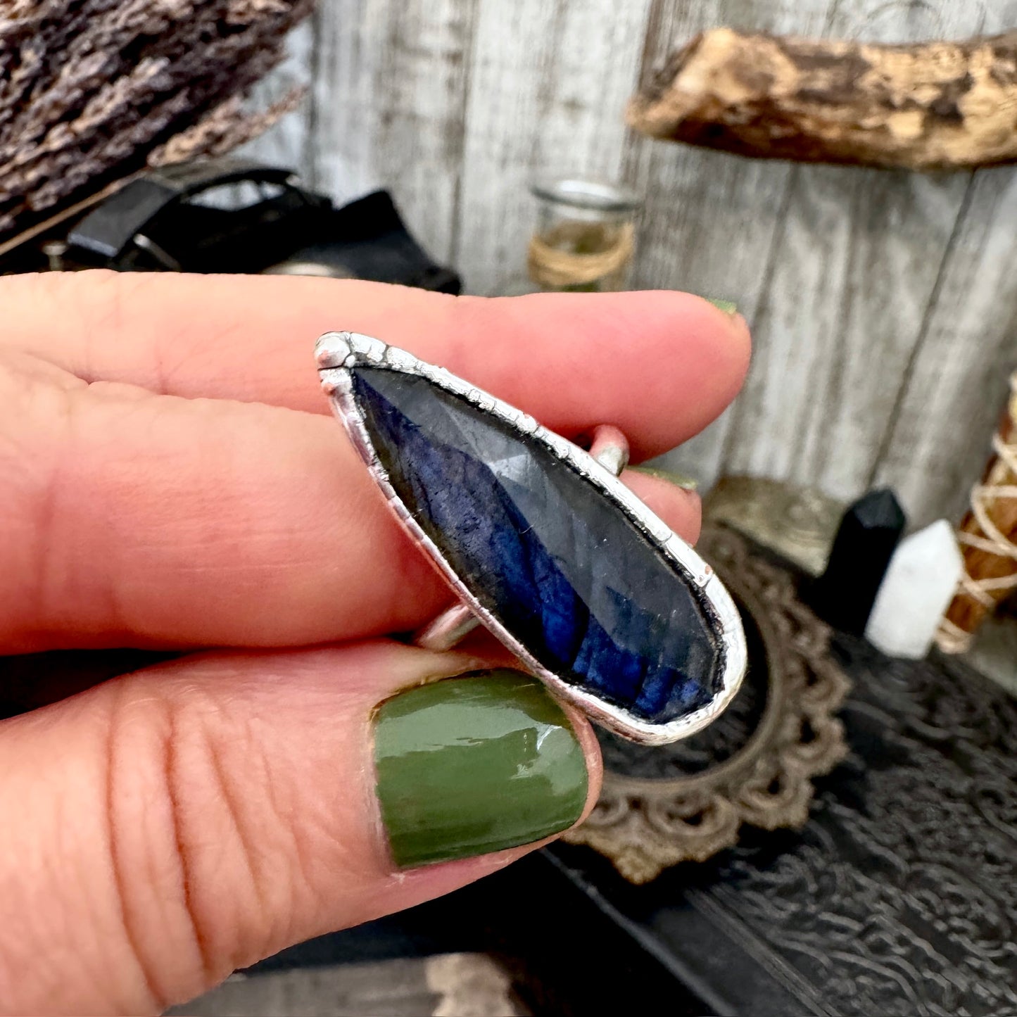 Blue Labradorite Ring Fine Silver Small Faceted Stone Ring Size 5 6 7 8 9 10 11 / Foxlark Collection
