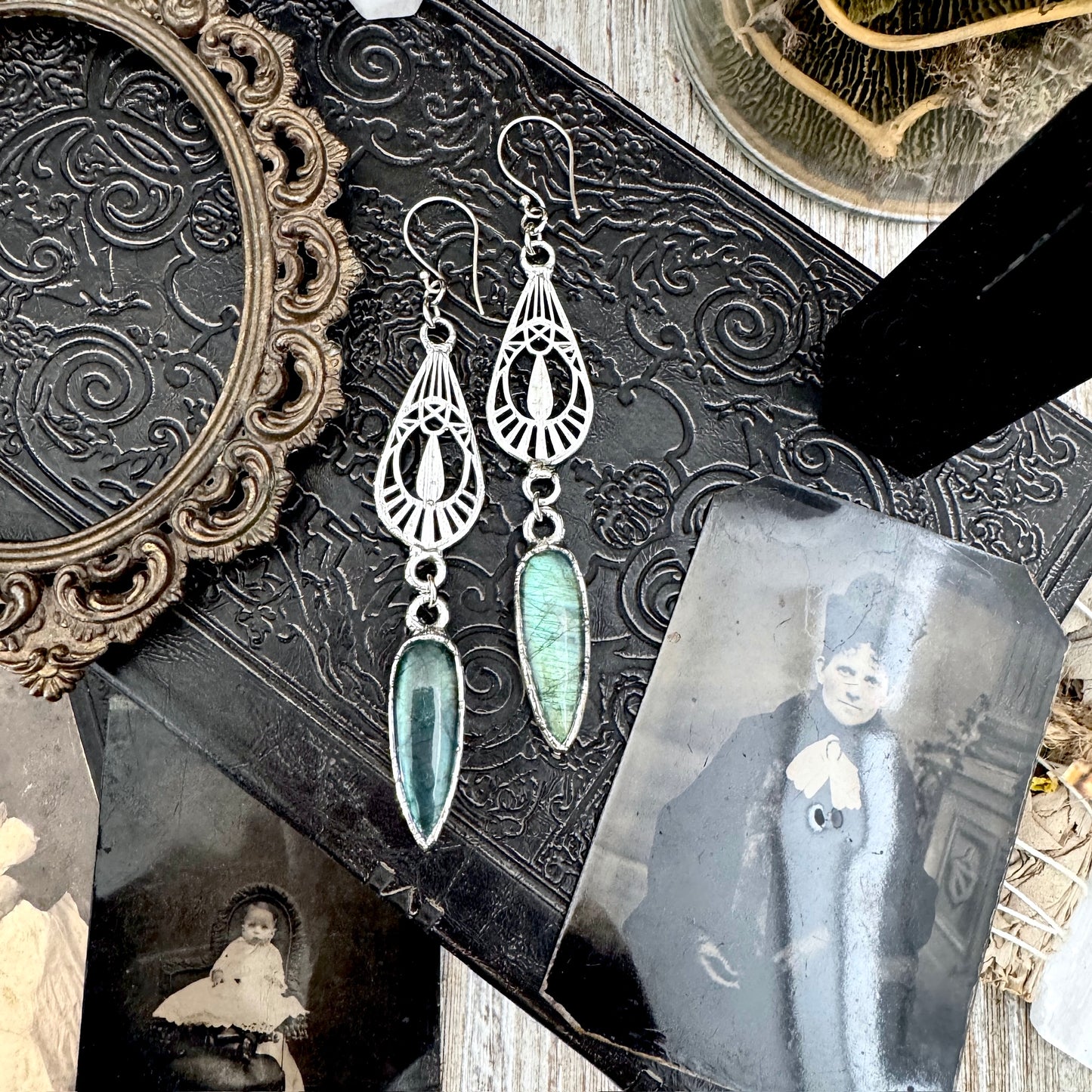 Blue Labradorite Fine Silver Crystal Dangle Earrings / Long Dangle Witchy Earrings