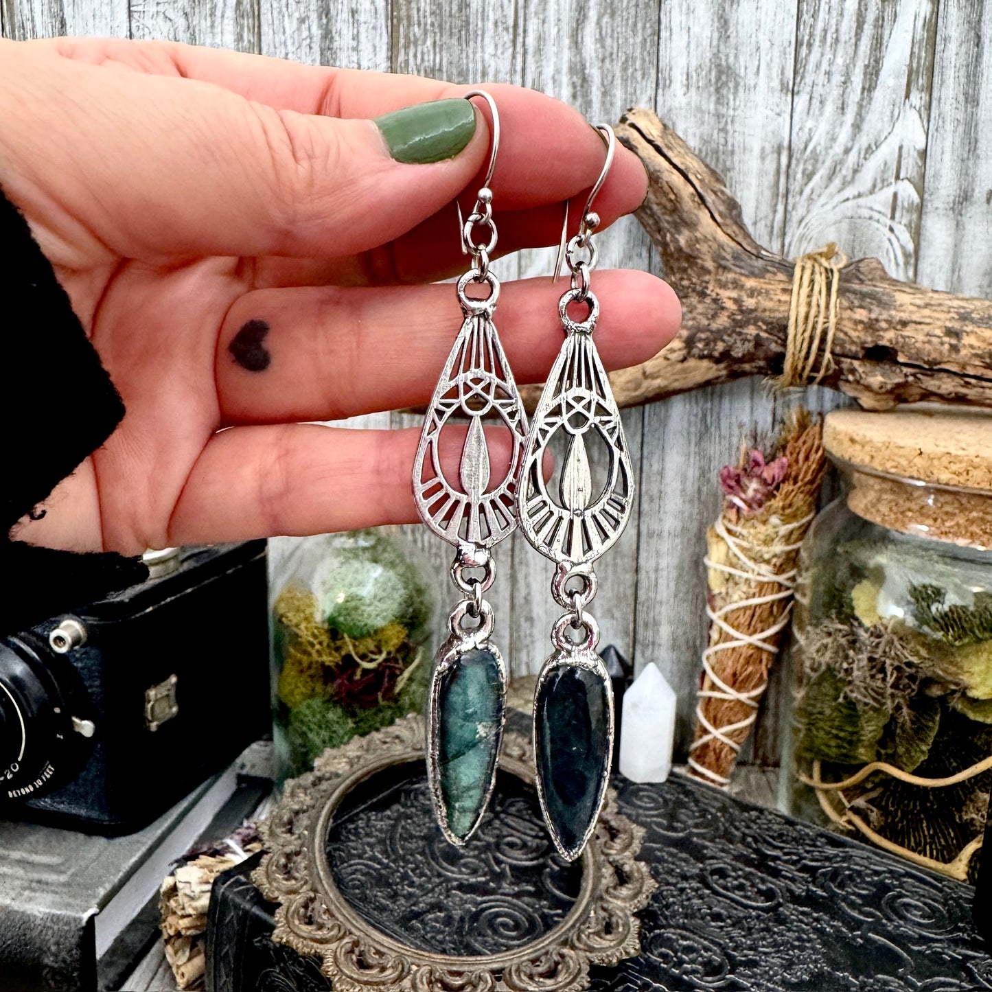 Blue Labradorite Fine Silver Crystal Dangle Earrings / Long Dangle Witchy Earrings