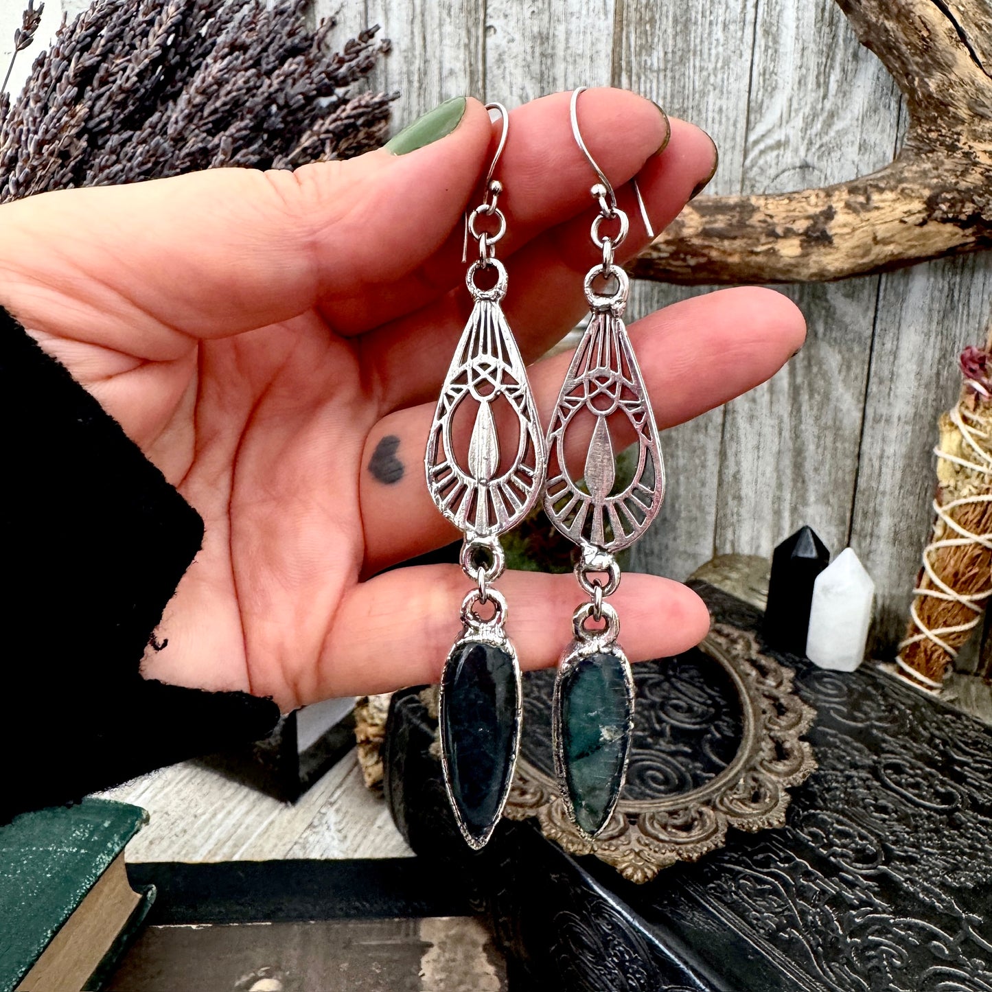 Blue Labradorite Fine Silver Crystal Dangle Earrings / Long Dangle Witchy Earrings