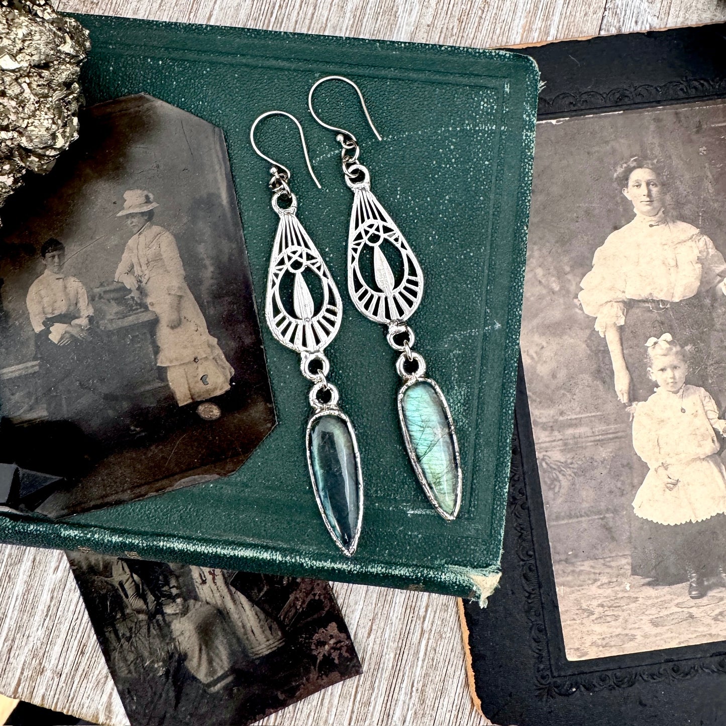 Blue Labradorite Fine Silver Crystal Dangle Earrings / Long Dangle Witchy Earrings