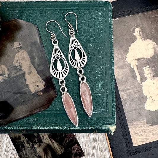 Peach Moonstone Fine Silver Crystal Dangle Earrings / Long Dangle Witchy Earrings