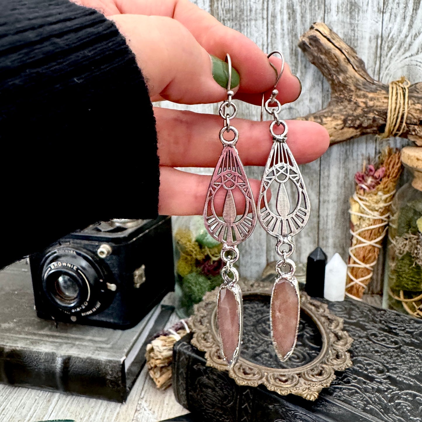 Peach Moonstone Fine Silver Crystal Dangle Earrings / Long Dangle Witchy Earrings