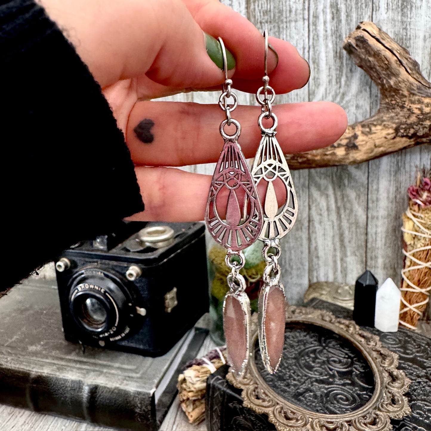 Peach Moonstone Fine Silver Crystal Dangle Earrings / Long Dangle Witchy Earrings