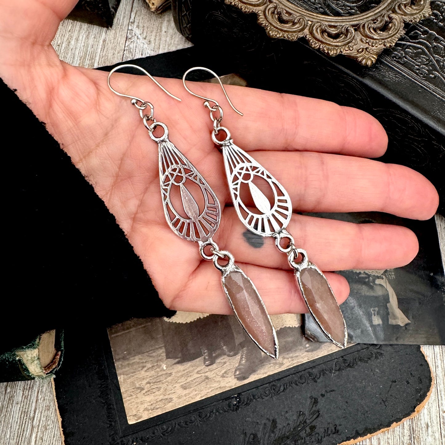 Peach Moonstone Fine Silver Crystal Dangle Earrings / Long Dangle Witchy Earrings