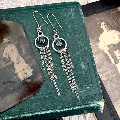 Moss Agate Fine Silver Crystal Hoop Fringe Earrings / Long Dangle Witchy Earrings