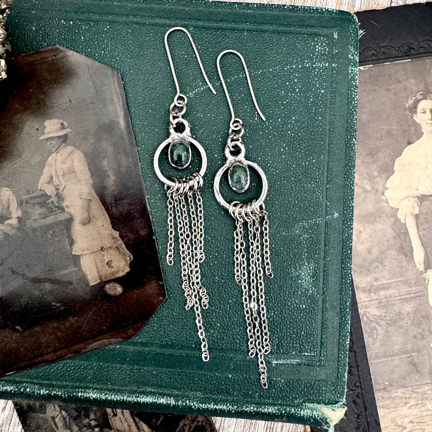 Moss Agate Fine Silver Crystal Hoop Fringe Earrings / Long Dangle Witchy Earrings