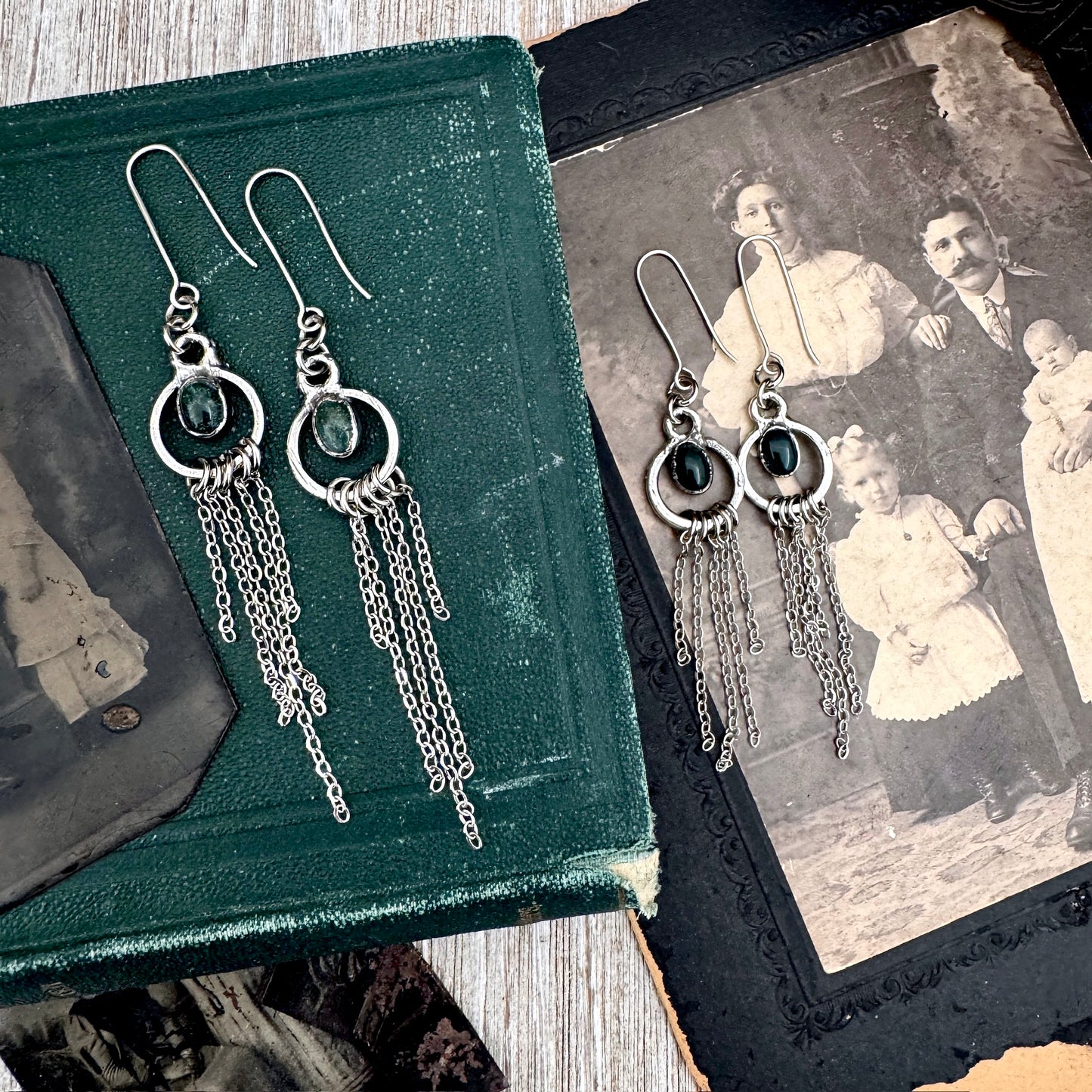 Moss Agate Fine Silver Crystal Hoop Fringe Earrings / Long Dangle Witchy Earrings