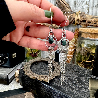 Moss Agate Fine Silver Crystal Hoop Fringe Earrings / Long Dangle Witchy Earrings