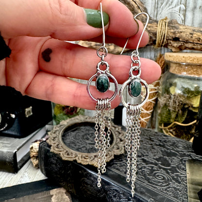 Moss Agate Fine Silver Crystal Hoop Fringe Earrings / Long Dangle Witchy Earrings