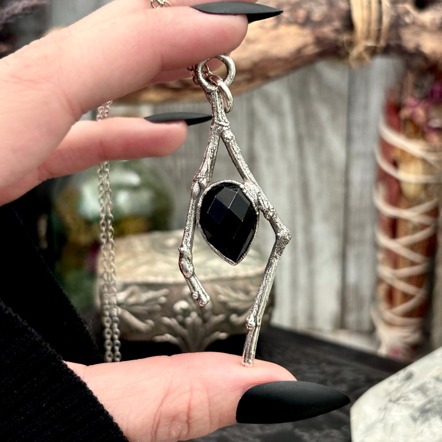 Black Onyx Crystal Necklace in Silver /Sticks & Stones Collection