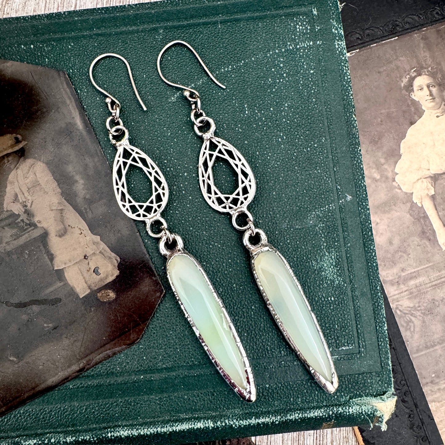 Blue Chalcedony Fine Silver Crystal Dangle Earrings / Long Dangle Witchy Earrings