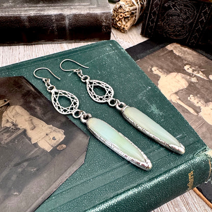 Blue Chalcedony Fine Silver Crystal Dangle Earrings / Long Dangle Witchy Earrings
