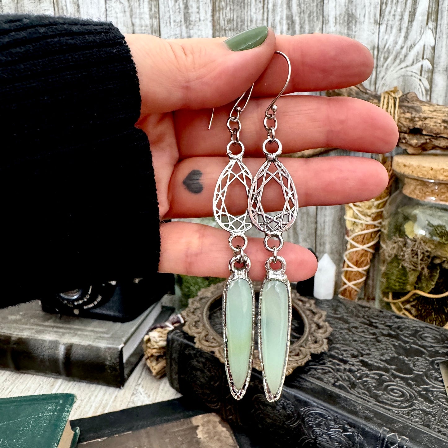Blue Chalcedony Fine Silver Crystal Dangle Earrings / Long Dangle Witchy Earrings