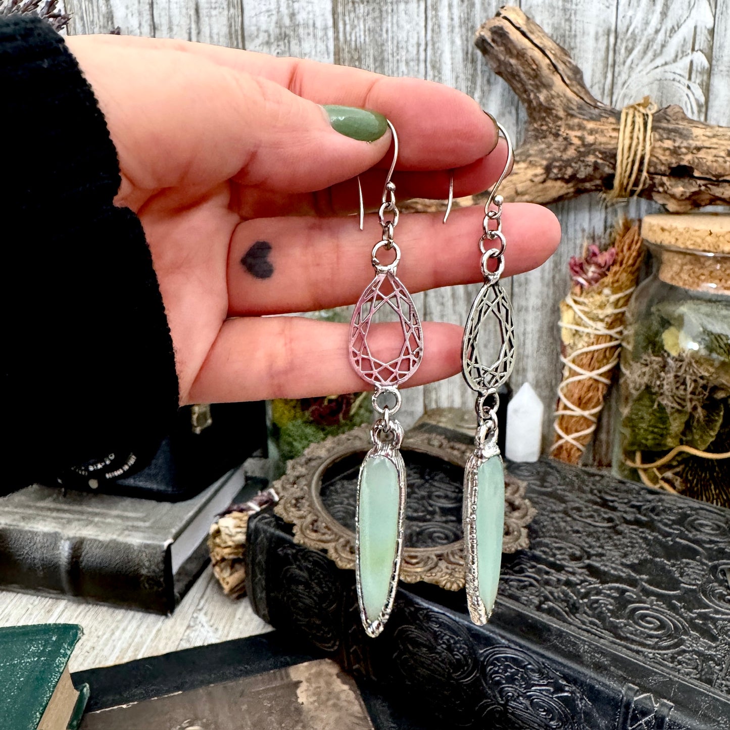 Blue Chalcedony Fine Silver Crystal Dangle Earrings / Long Dangle Witchy Earrings