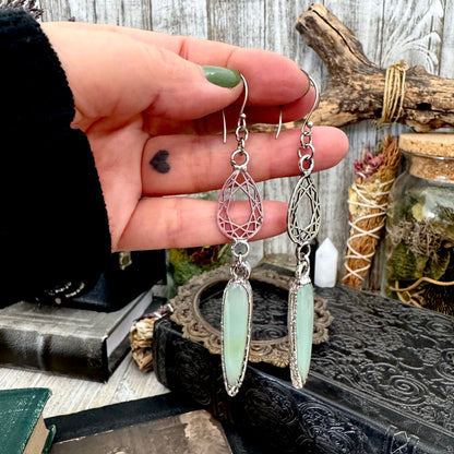 Blue Chalcedony Fine Silver Crystal Dangle Earrings / Long Dangle Witchy Earrings