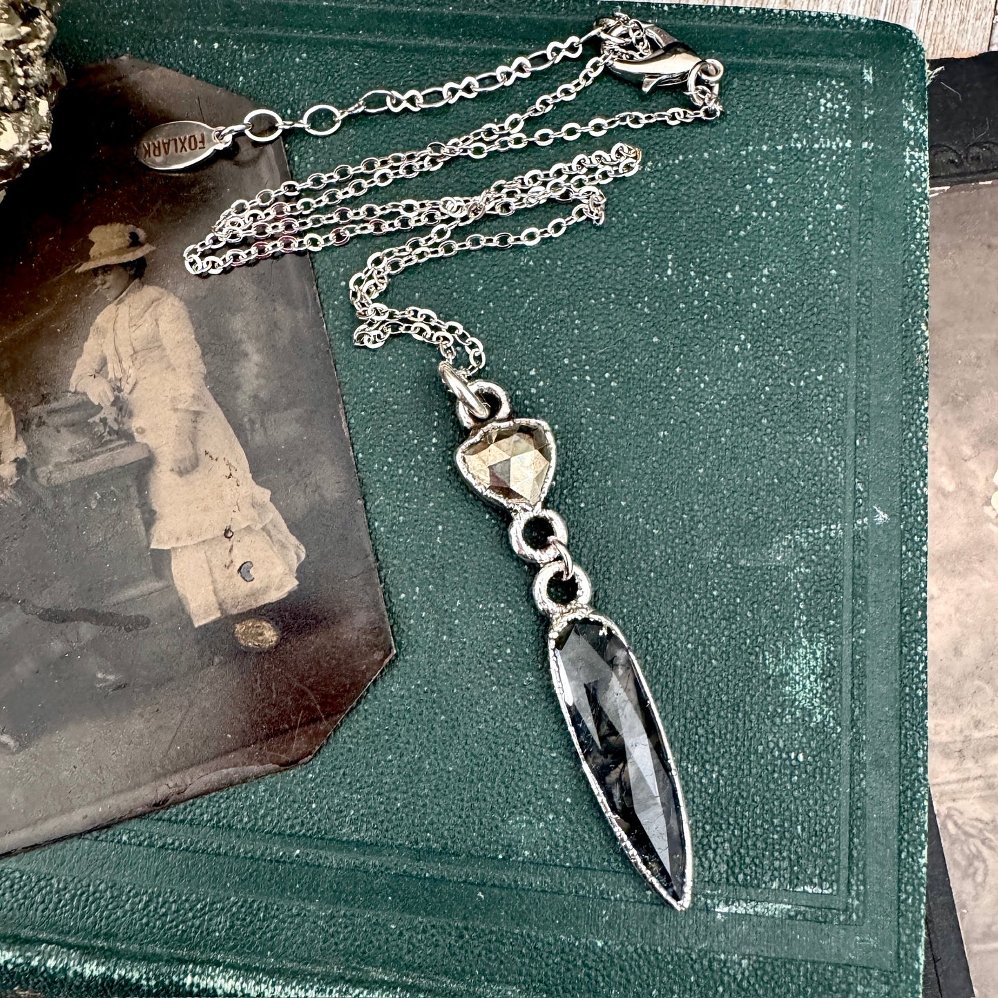 Multi Stone Pyrite and Moss Agate Charm Necklace in Fine Silver / Foxlark Collection
