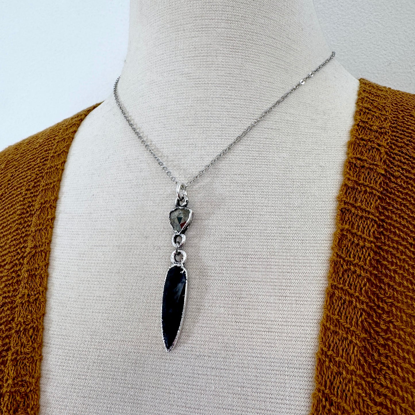 Multi Stone Pyrite and Moss Agate Charm Necklace in Fine Silver / Foxlark Collection