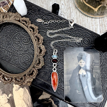 Multi Stone Blue Kyanite, Garnet and Carnelian Charm Necklace in Fine Silver / Foxlark Collection