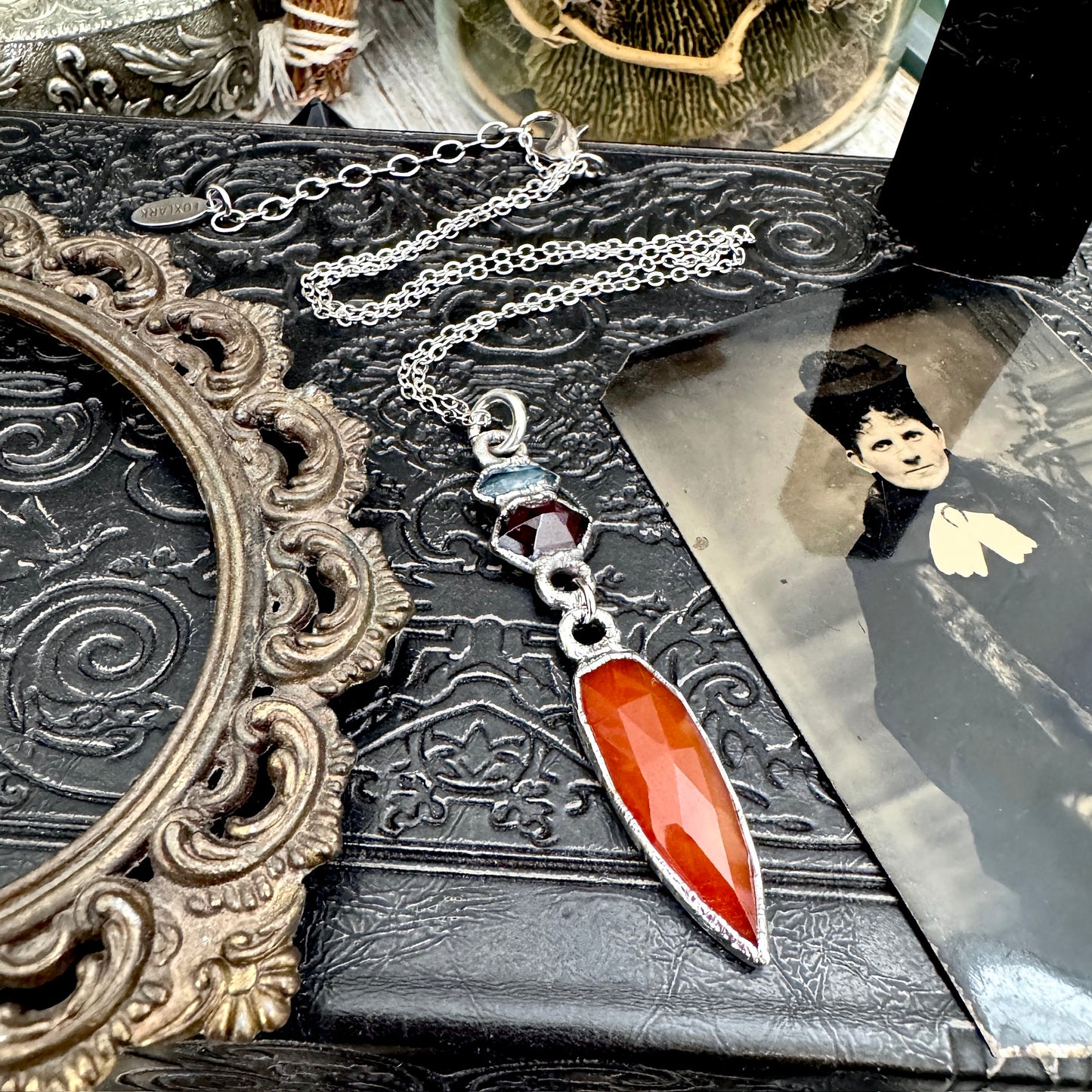 Multi Stone Blue Kyanite, Garnet and Carnelian Charm Necklace in Fine Silver / Foxlark Collection