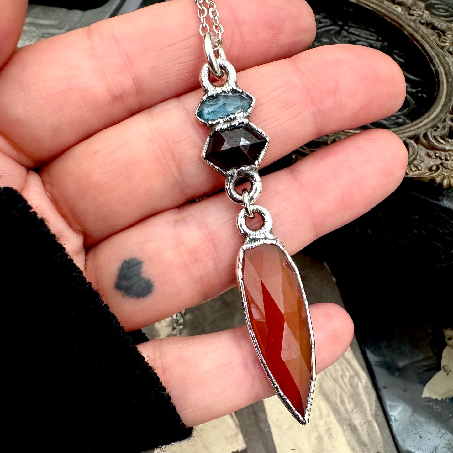 Multi Stone Blue Kyanite, Garnet and Carnelian Charm Necklace in Fine Silver / Foxlark Collection