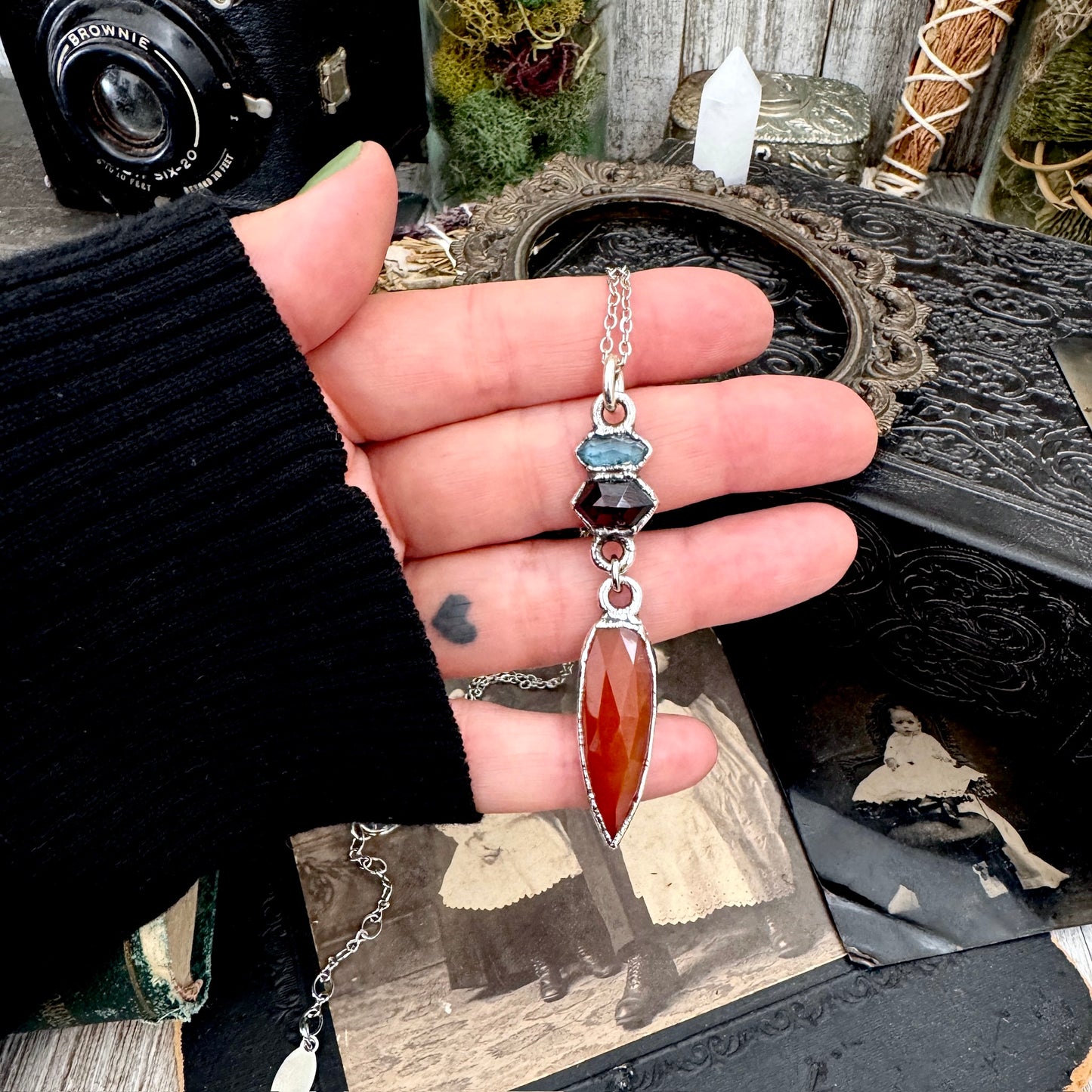 Multi Stone Blue Kyanite, Garnet and Carnelian Charm Necklace in Fine Silver / Foxlark Collection