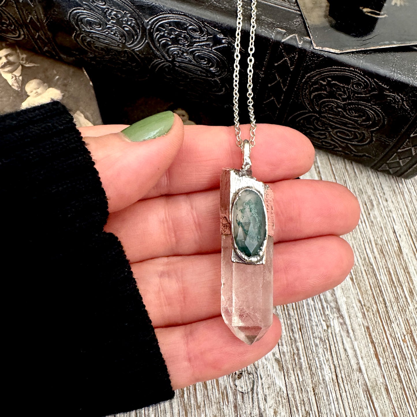 Clear Quartz & Moss Agate Crystal Statement Necklace in Fine Silver / Foxlark Collection - One of a Kind