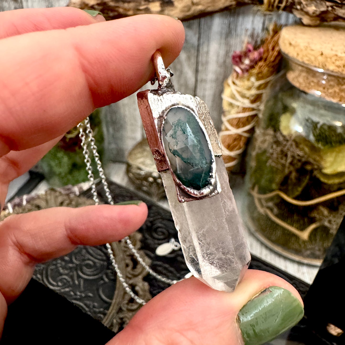 Clear Quartz & Moss Agate Crystal Statement Necklace in Fine Silver / Foxlark Collection - One of a Kind