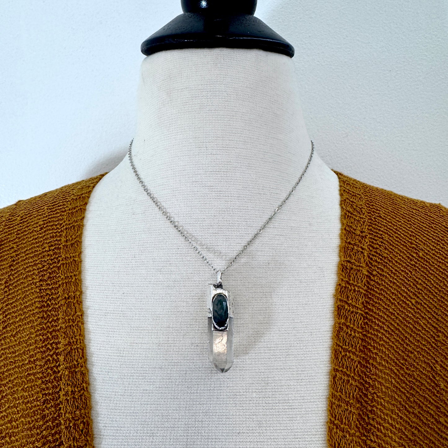 Clear Quartz & Moss Agate Crystal Statement Necklace in Fine Silver / Foxlark Collection - One of a Kind