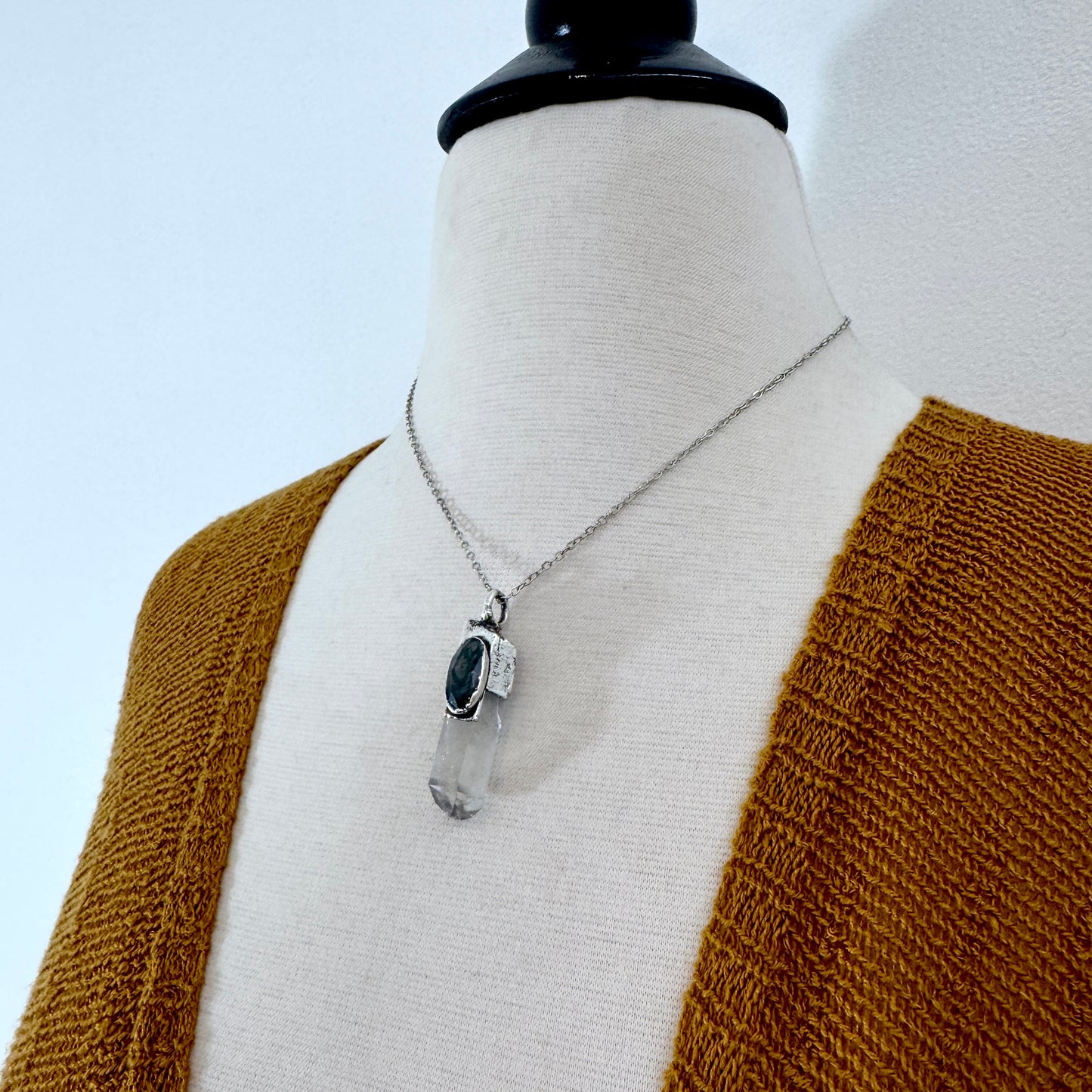 Clear Quartz & Moss Agate Crystal Statement Necklace in Fine Silver / Foxlark Collection - One of a Kind