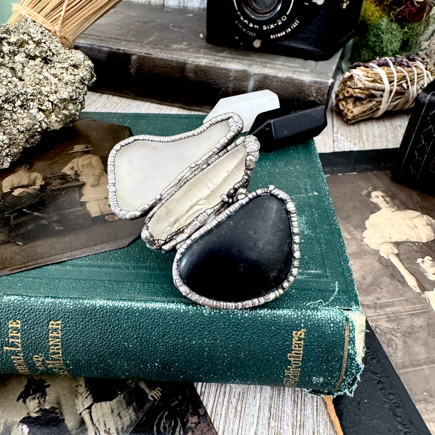 Multi Stone River Rock Clear Quartz and Sea-glass Ring In Silver Size 8.5 / Foxlark Collection