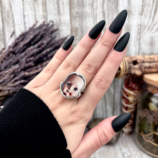 The Weirdlings - Printed Wooden Cabochon (resin sealed) Ring Fine Silver Size 9 / One of a Kind