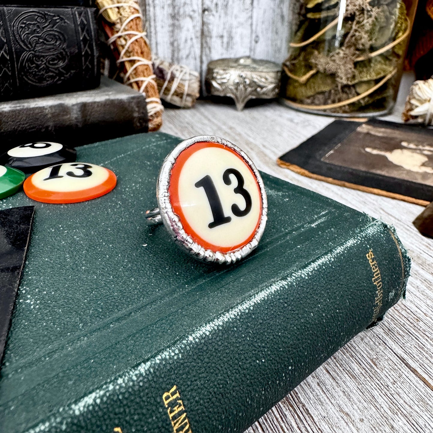 Playing Games - #13 Vintage Pool Ball Ring Fine Silver Size 10 / One of a Kind