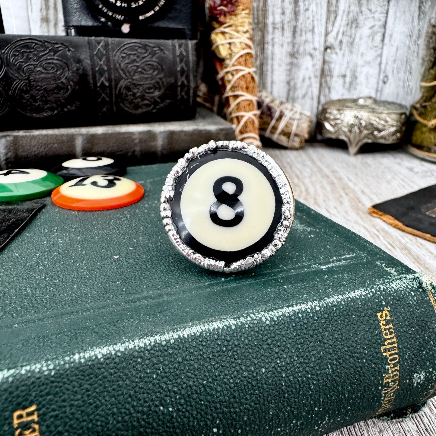 Playing Games - #8 Vintage Pool Ball Ring Fine Silver Size 10 / One of a Kind