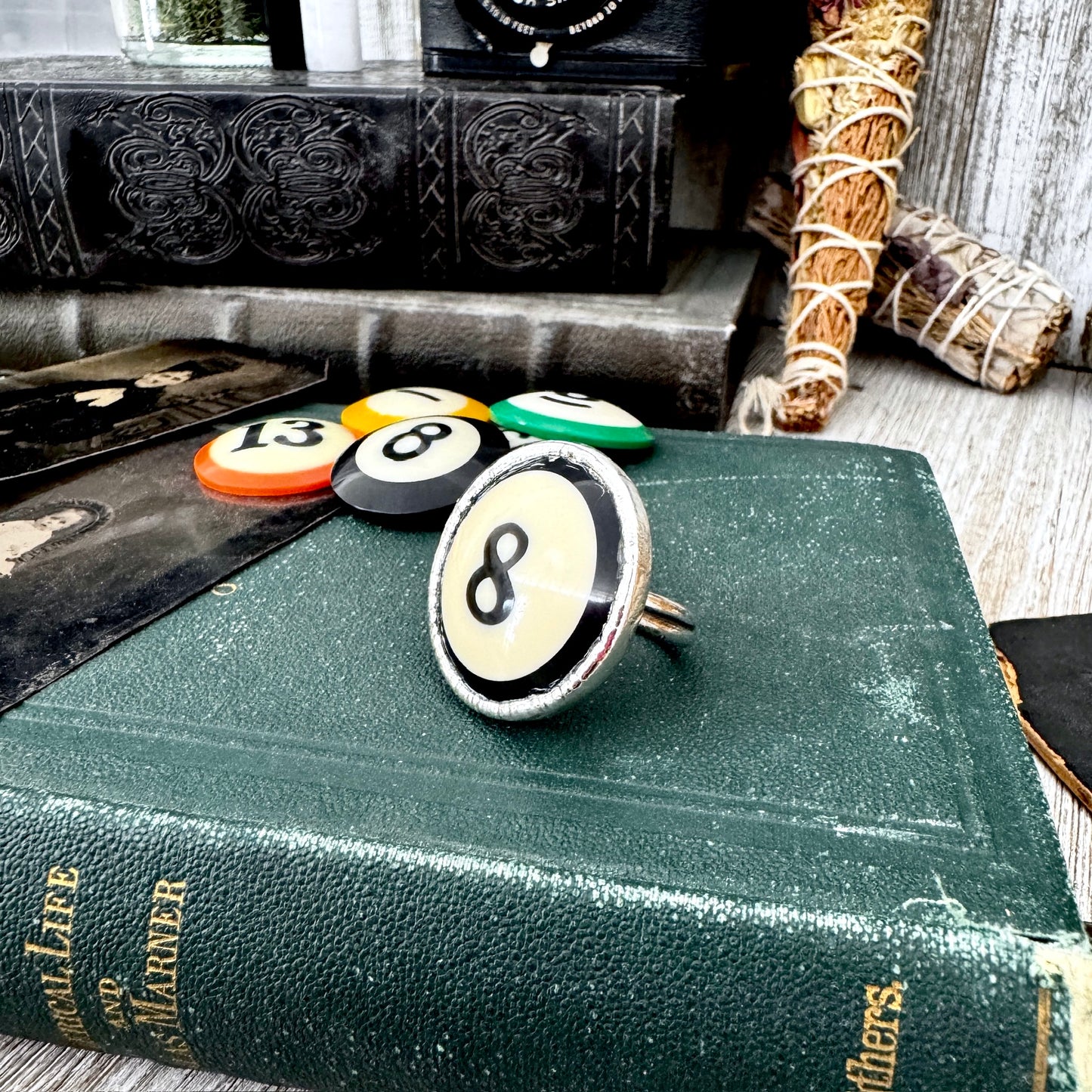 Playing Games - #8 Vintage Pool Ball Ring Fine Silver Size 8.5/ One of a Kind
