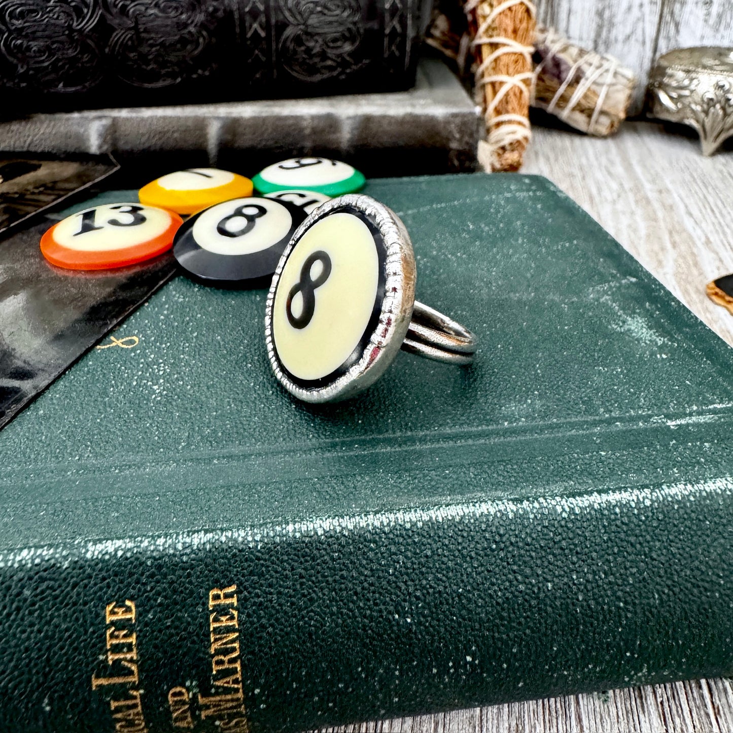 Playing Games - #8 Vintage Pool Ball Ring Fine Silver Size 10.5 / One of a Kind