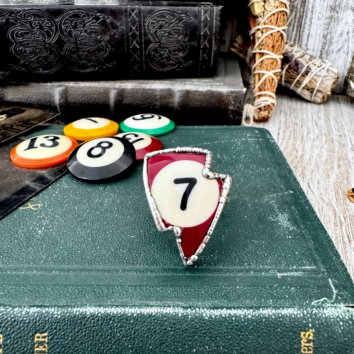 Playing Games - #7 Vintage Pool Ball Ring Fine Silver Size 10 / One of a Kind.