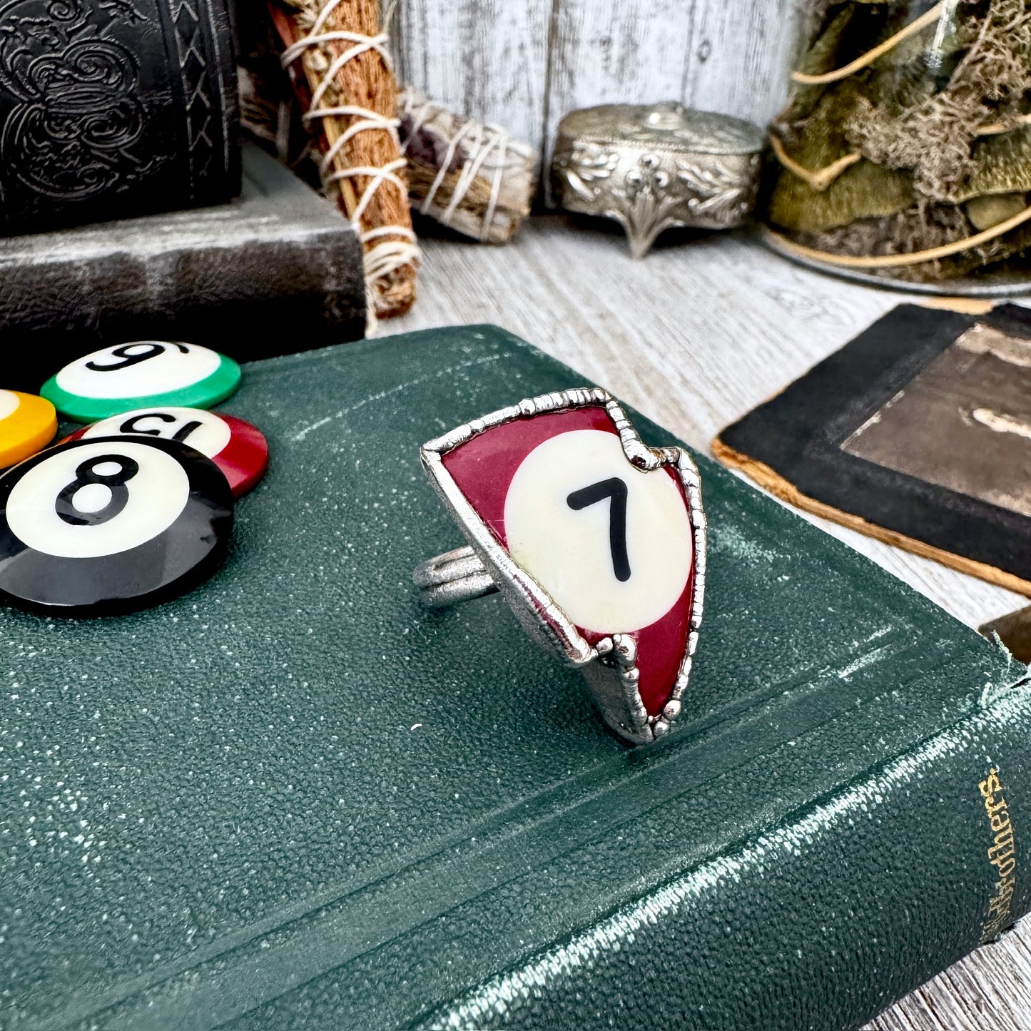 Playing Games - #7 Vintage Pool Ball Ring Fine Silver Size 10 / One of a Kind.