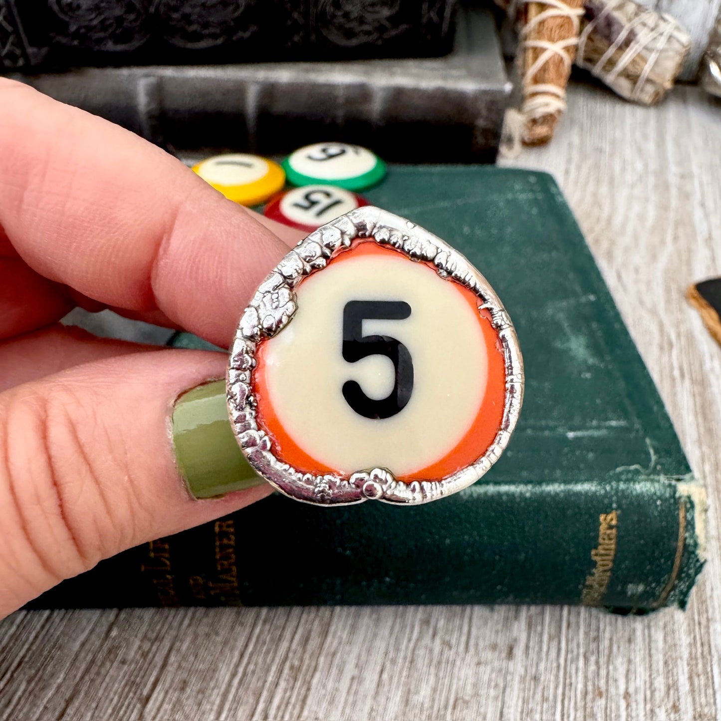 Playing Games - #5 Vintage Pool Ball Ring Fine Silver Size 8.5 / One of a Kind.
