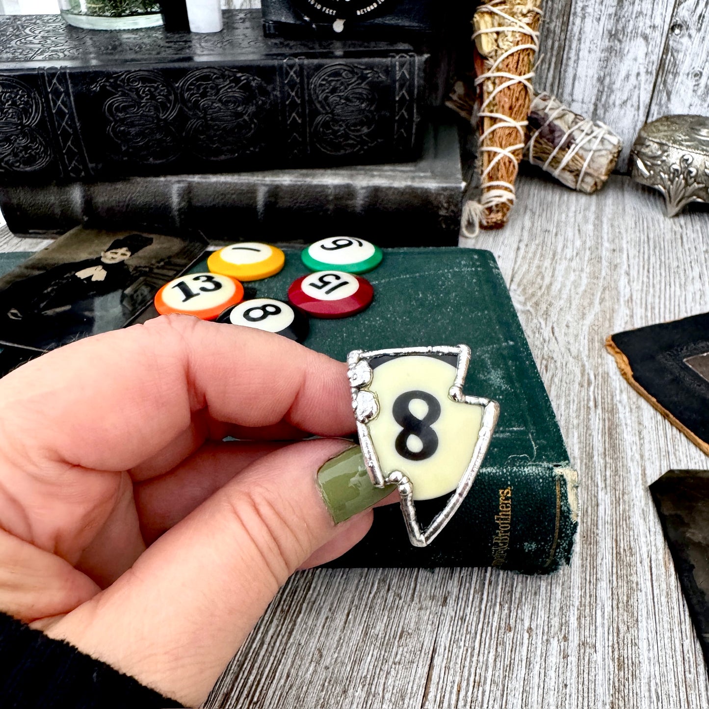 Playing Games - #8 Vintage Pool Ball Ring Fine Silver Size 9 / One of a Kind.
