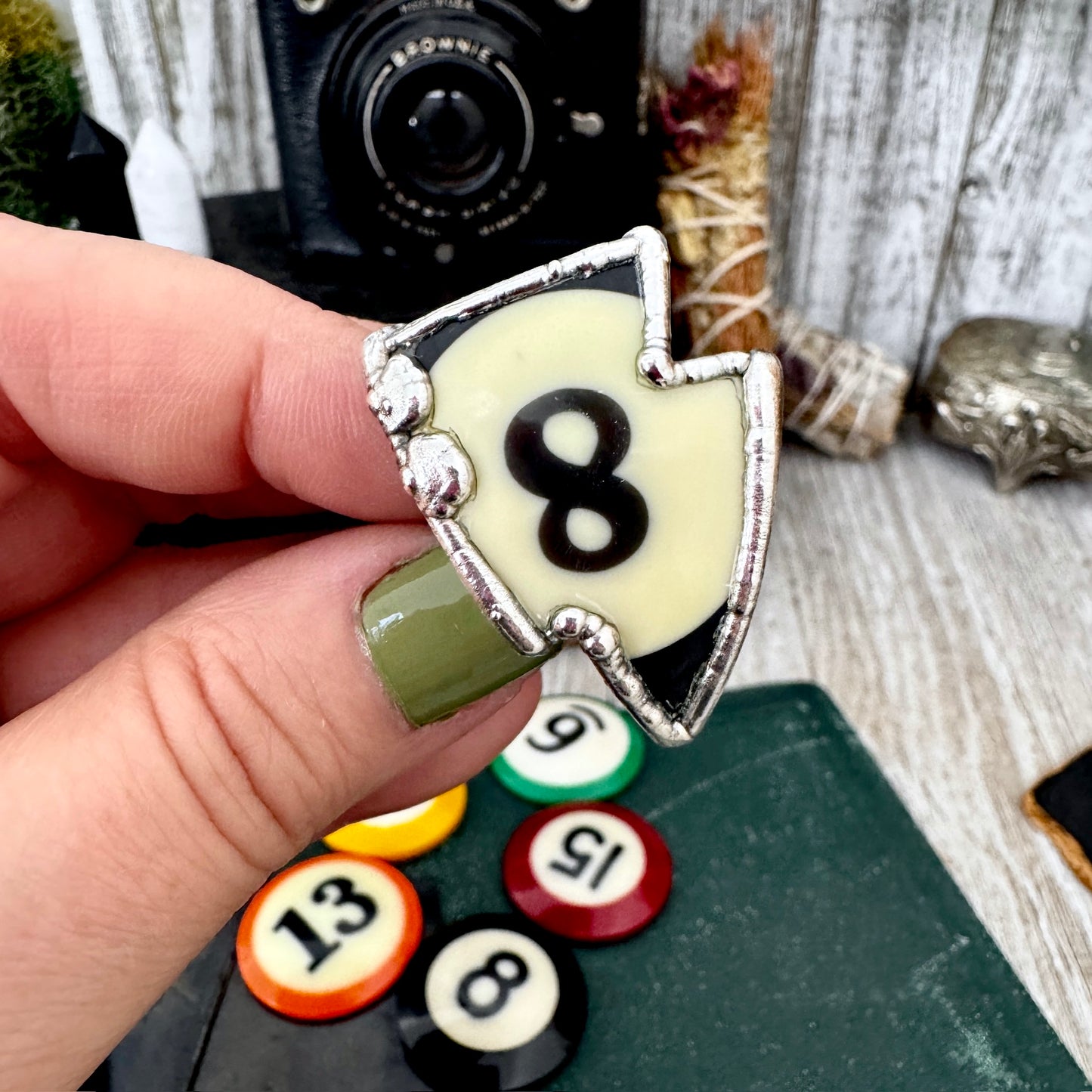 Playing Games - #8 Vintage Pool Ball Ring Fine Silver Size 9 / One of a Kind.