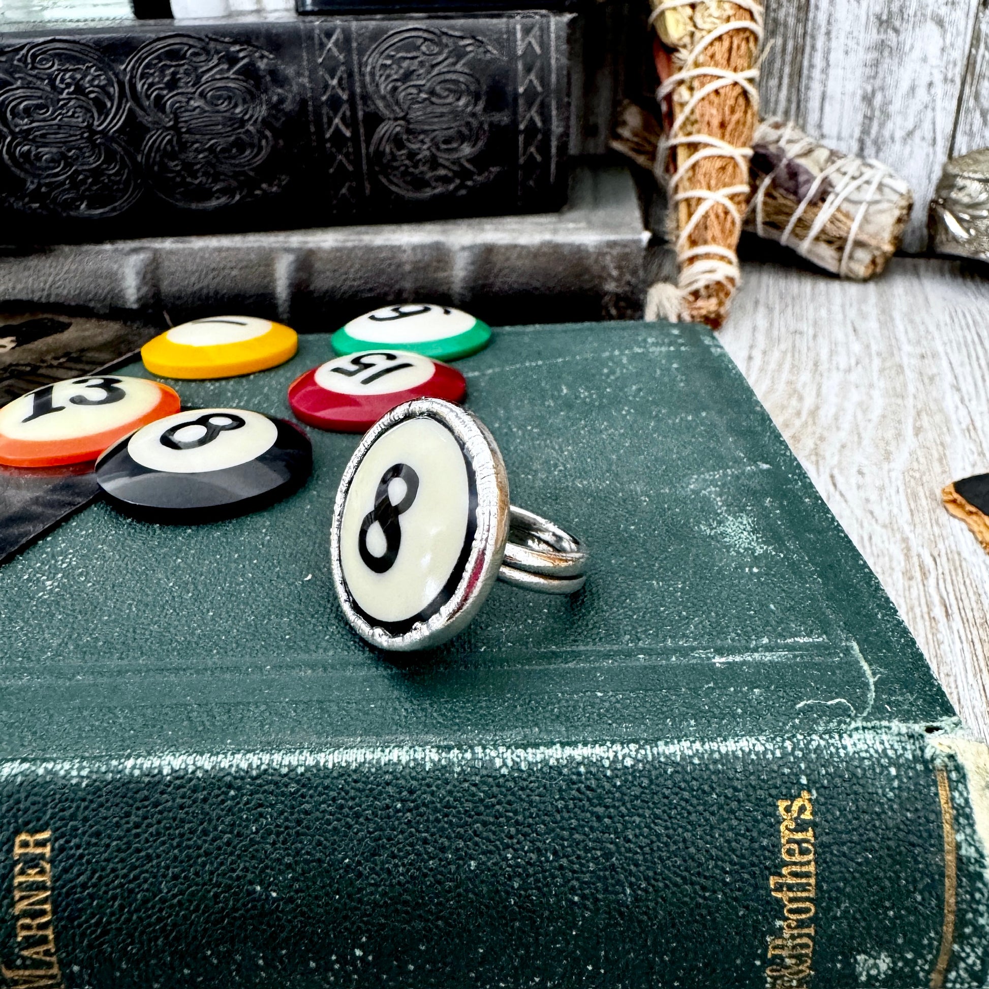 Playing Games - #8 Vintage Pool Ball Ring Fine Silver Size 6.5 / One of a Kind.