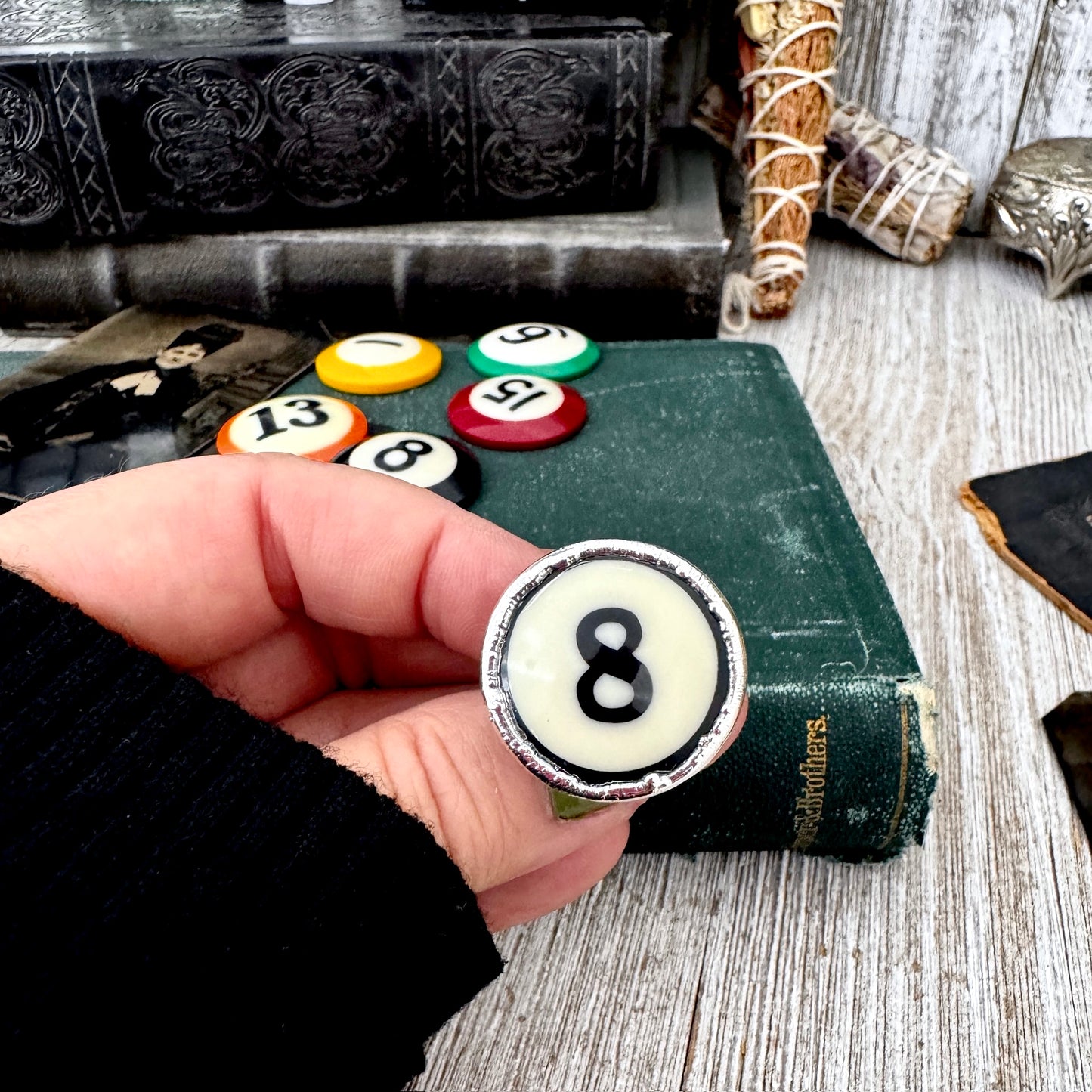 Playing Games - #8 Vintage Pool Ball Ring Fine Silver Size 6.5 / One of a Kind.