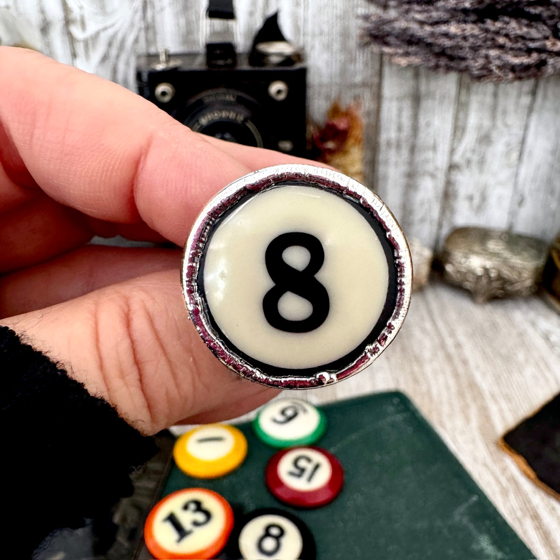 Playing Games - #8 Vintage Pool Ball Ring Fine Silver Size 6.5 / One of a Kind.