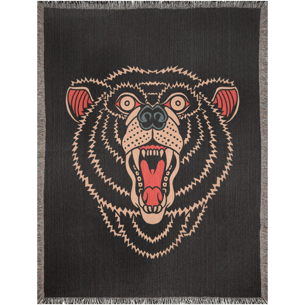 Black Bear Traditional Tattoo Style Woven Fringe Blanket / / Wall tapestry, throw for sofa, maximalist decor, tattoo home decor