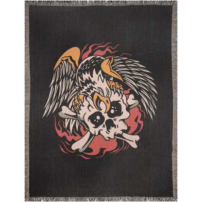 Bald Eagle Skull Traditional Tattoo Style Woven Fringe Blanket / / Wall tapestry, throw for sofa, maximalist decor, tattoo home decor