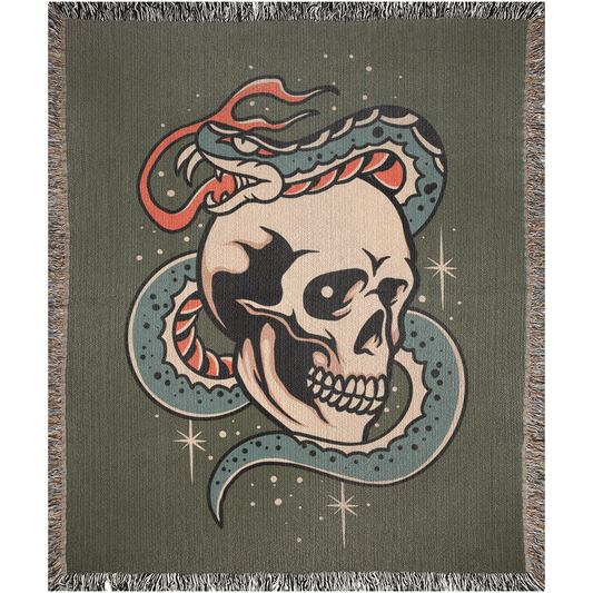 Skull and Snake Traditional Tattoo Style Woven Blanket