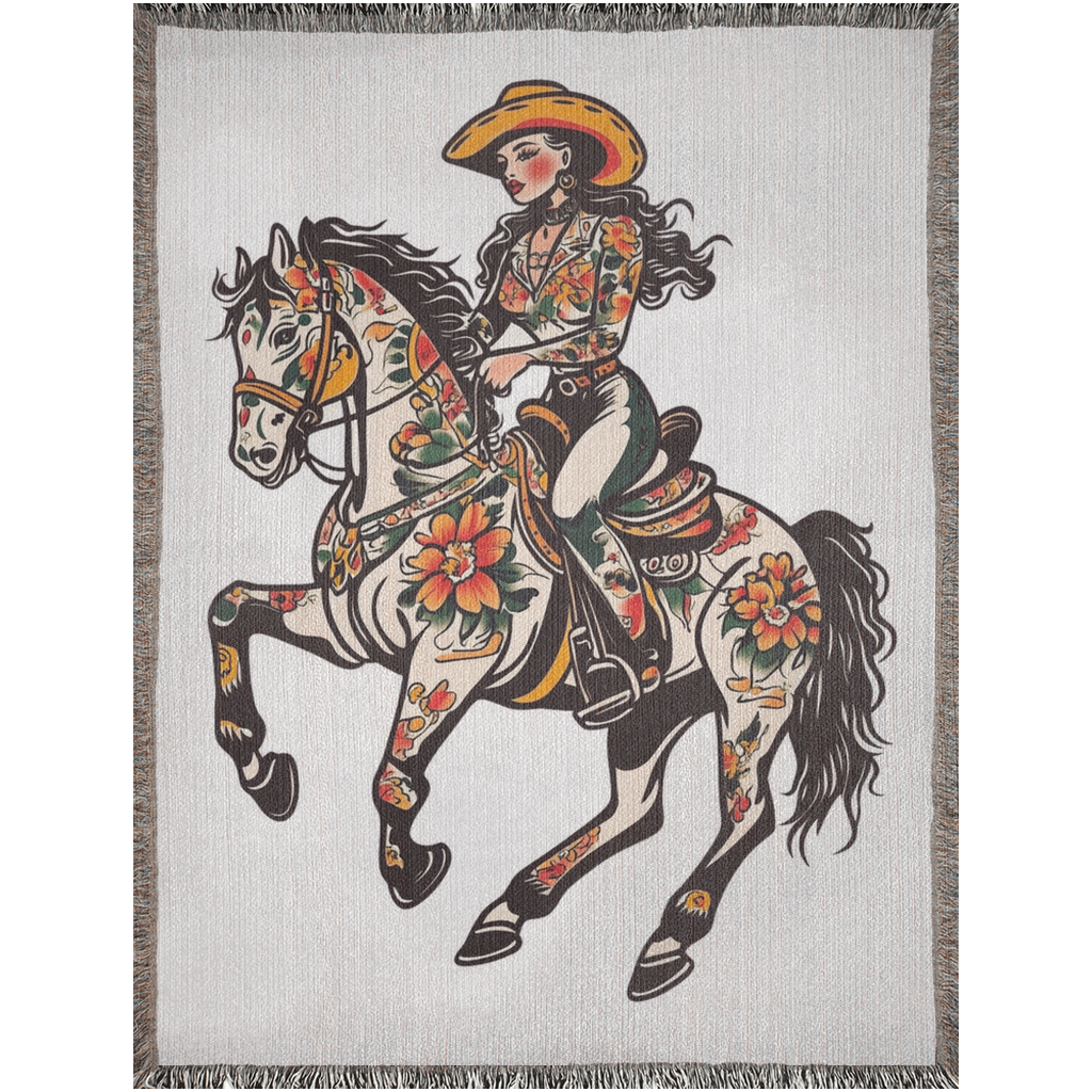 Cowgirl Riding a Horse Traditional Tattoo Style Woven Fringe Blanket